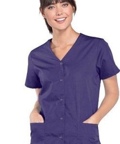 Scrub top 2 pocket solid ladies front open v-neck with snap buttons half sleeve